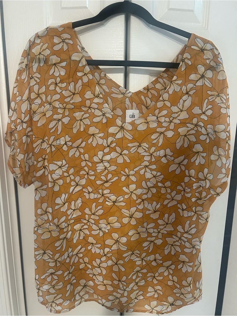 CAbi Mustard Floral V-Neck Blouse with White Print